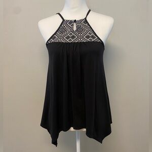 Black Geometric Halter Top with handkerchief hem summer vacation wear Aztec